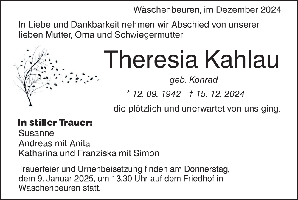  Traueranzeige für Theresia Kahlau vom 02.01.2025 aus NWZ Neue Württembergische Zeitung