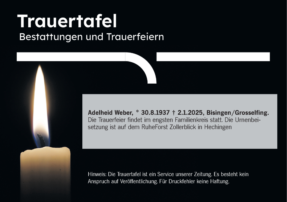  Traueranzeige für Totentafel vom 04.01.2025 vom 04.01.2025 aus SÜDWEST PRESSE Zollernalbkreis/Hohenzollerische Zeitung