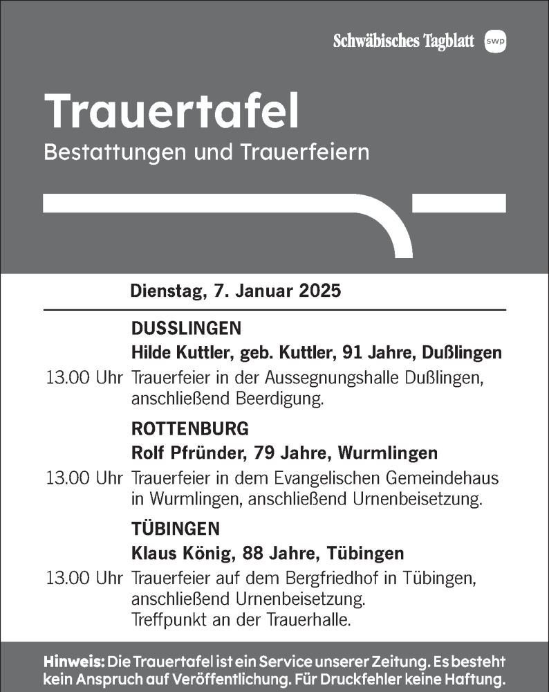  Traueranzeige für Totentafel vom 07.01.2025 vom 07.01.2025 aus Schwäbische Tagblatt