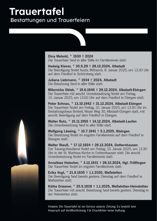 Traueranzeige von Totentafel vom 08.01.2025 von SÜDWEST PRESSE Zollernalbkreis/Hohenzollerische Zeitung
