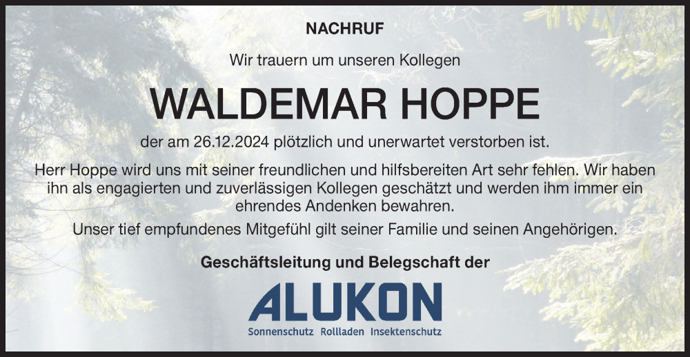  Traueranzeige für Waldemar Hoppe vom 08.01.2025 aus SÜDWEST PRESSE Zollernalbkreis/Hohenzollerische Zeitung