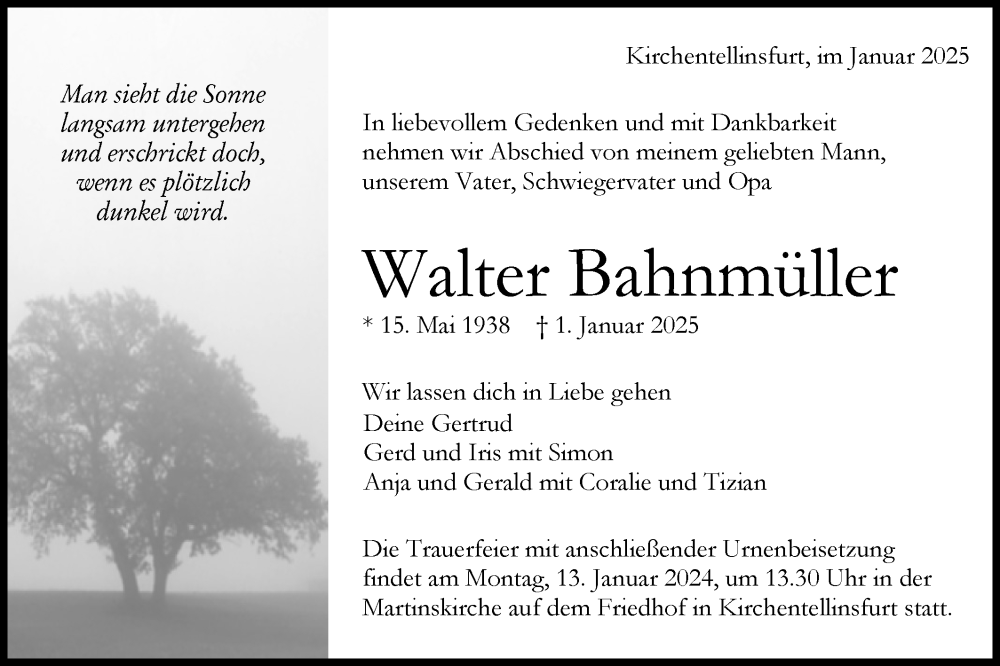  Traueranzeige für Walter Bahnmüller vom 07.01.2025 aus Schwäbische Tagblatt
