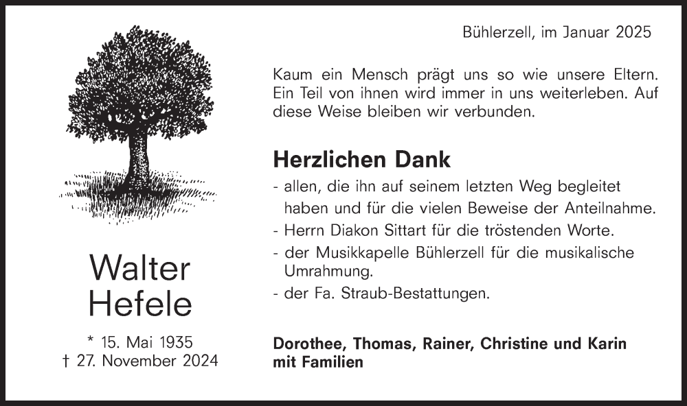  Traueranzeige für Walter Hefele vom 11.01.2025 aus Haller Tagblatt