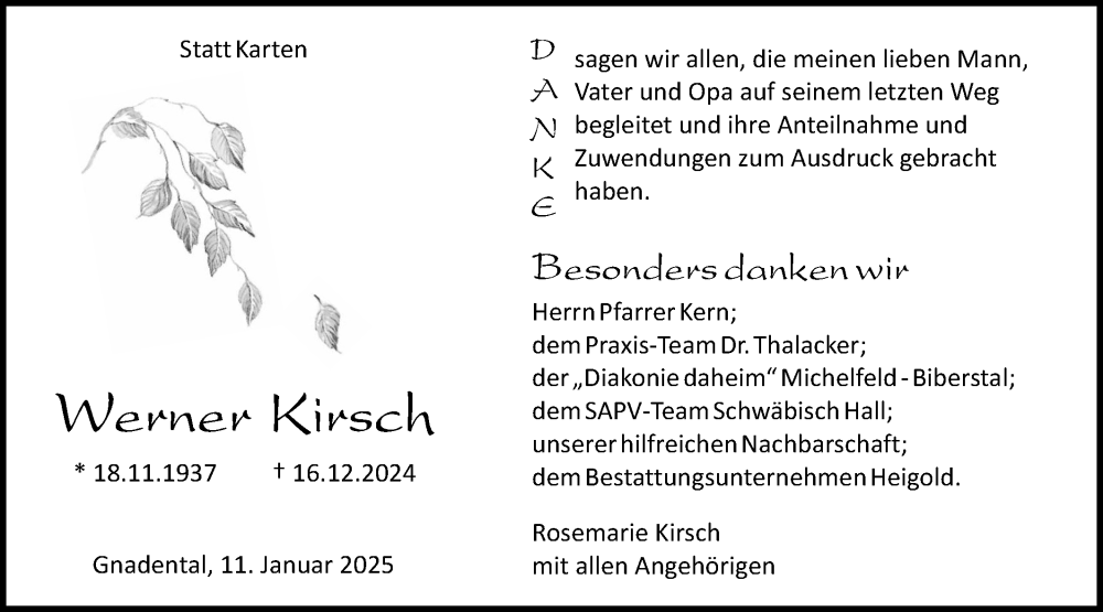  Traueranzeige für Werner Kirsch vom 11.01.2025 aus Haller Tagblatt