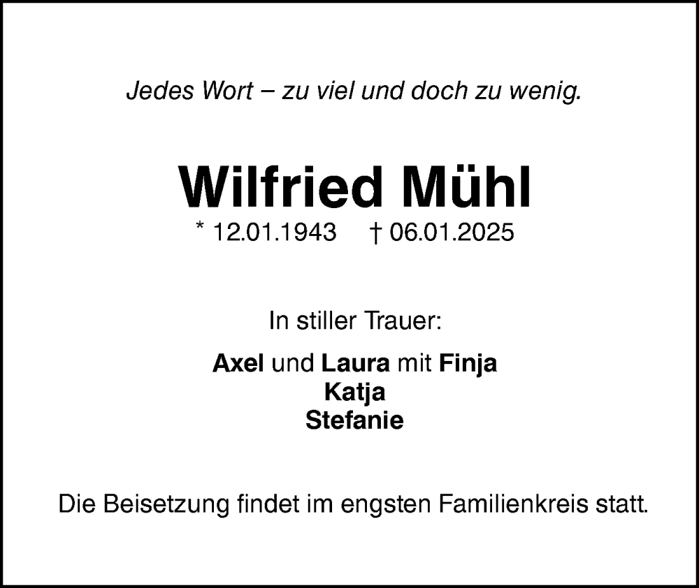  Traueranzeige für Wilfried Mühl vom 09.01.2025 aus SÜDWEST PRESSE Ausgabe Ulm/Neu-Ulm/Neu-Ulmer Zeitung