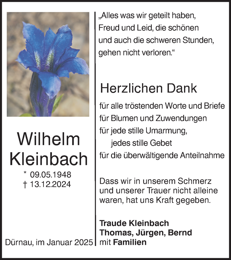  Traueranzeige für Wilhelm Kleinbach vom 11.01.2025 aus NWZ Neue Württembergische Zeitung