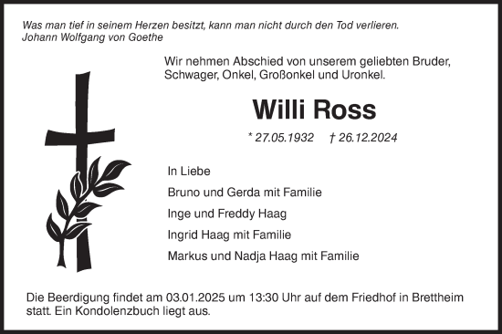 Traueranzeige von Willi Ross von Hohenloher Tagblatt
