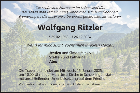 Traueranzeige von Wolfgang Ritzler von Ehinger Tagblatt
