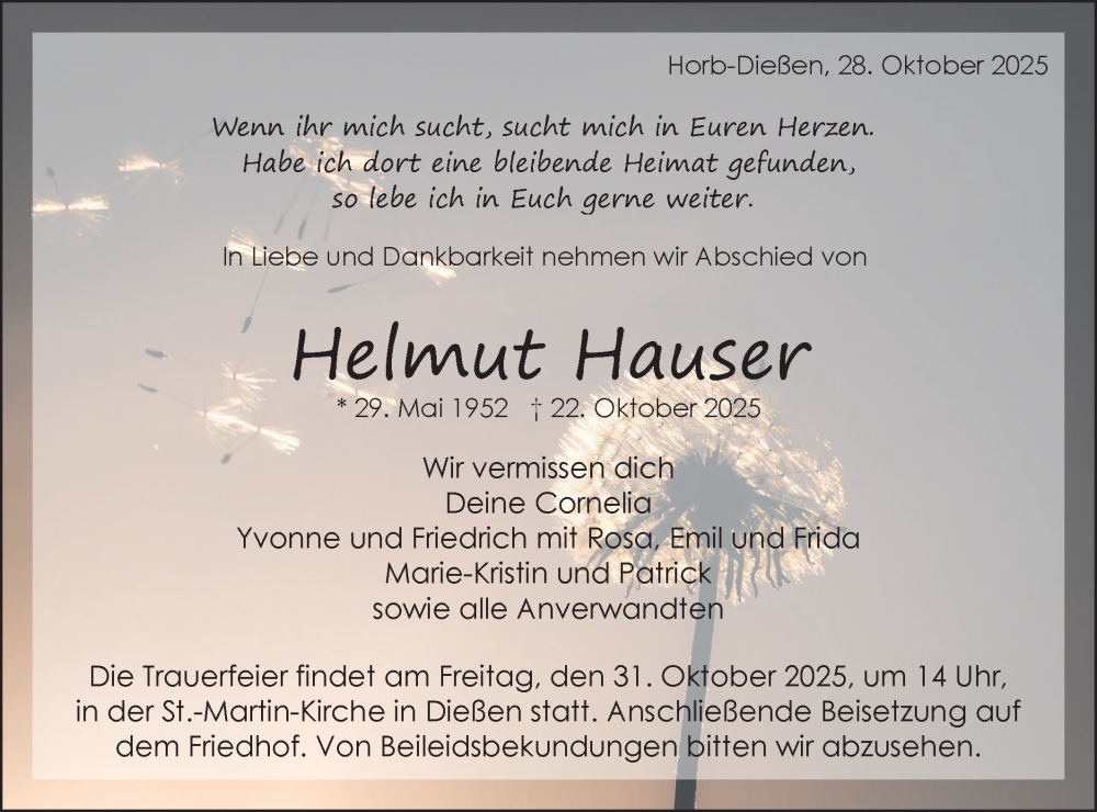 Traueranzeige für Helmut Hauser vom 28.10.2025 aus Neckar-Chronik