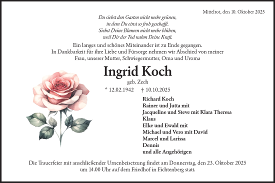 Traueranzeige von Ingrid Koch von Rundschau Gaildorf