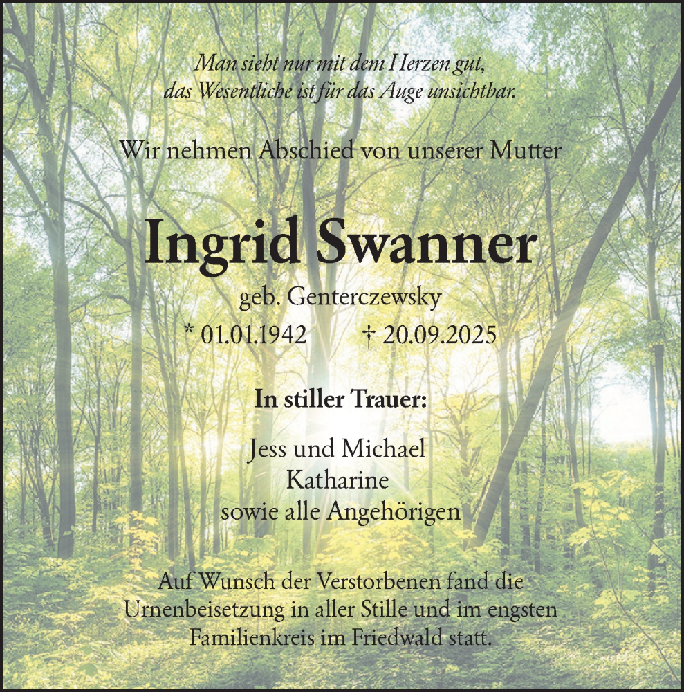  Traueranzeige für Ingrid Swanner vom 15.10.2025 aus SÜDWEST PRESSE Ausgabe Ulm/Neu-Ulm