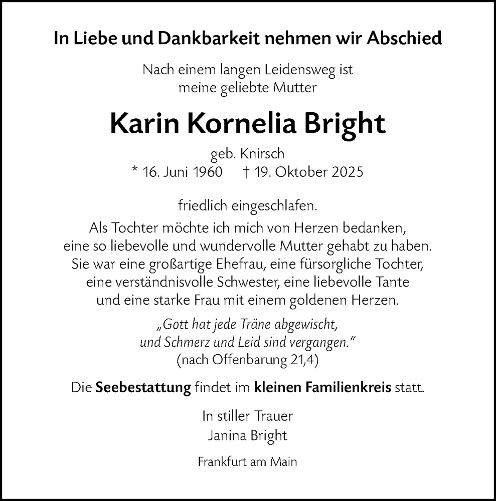  Traueranzeige für Karin Kornelia Bright vom 22.10.2025 aus Hohenloher Tagblatt