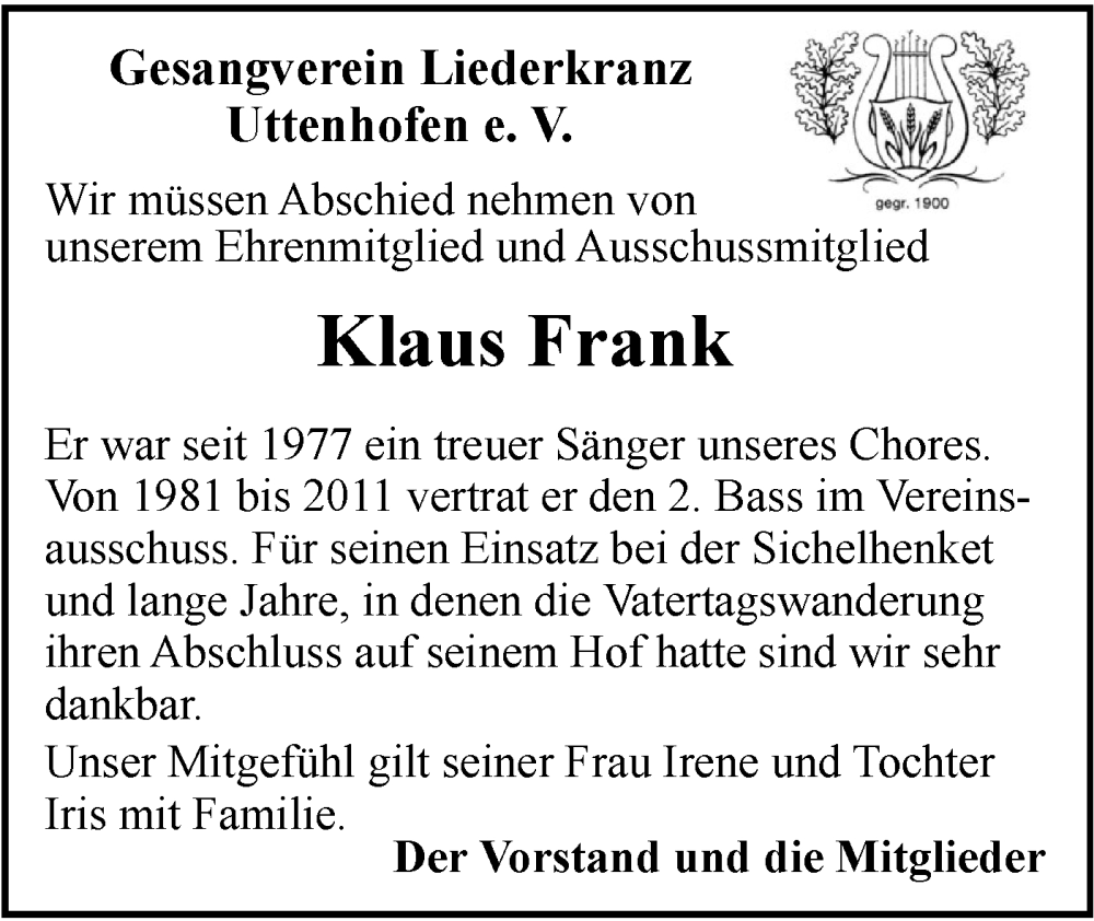  Traueranzeige für Klaus Frank vom 15.10.2025 aus Haller Tagblatt
