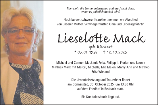 Traueranzeige von Lieselotte Mack von Hohenloher Tagblatt