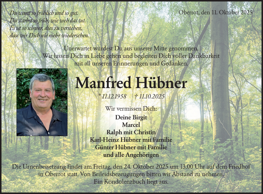  Traueranzeige für Manfred Hübner vom 21.10.2025 aus Rundschau Gaildorf/Haller Tagblatt