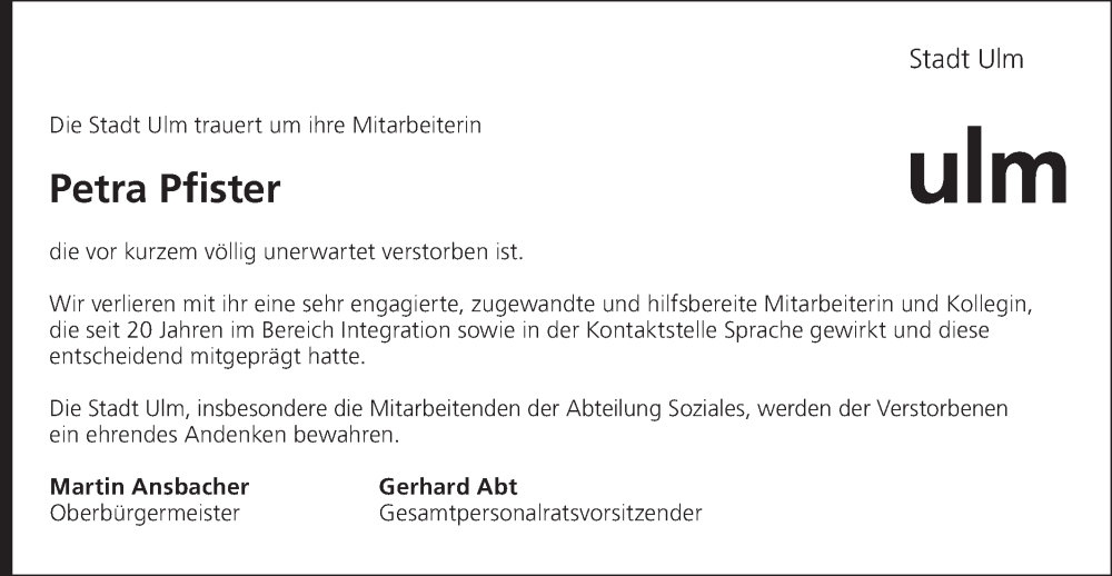 Traueranzeige für Petra Pfister vom 18.10.2025 aus SÜDWEST PRESSE Ausgabe Ulm/Neu-Ulm