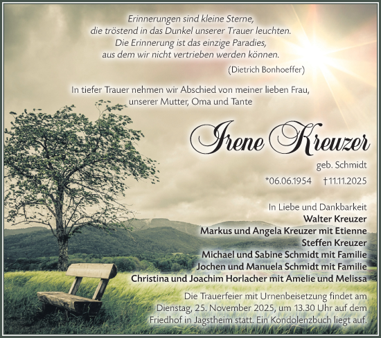 Traueranzeige von Irene Kreuzer von Hohenloher Tagblatt
