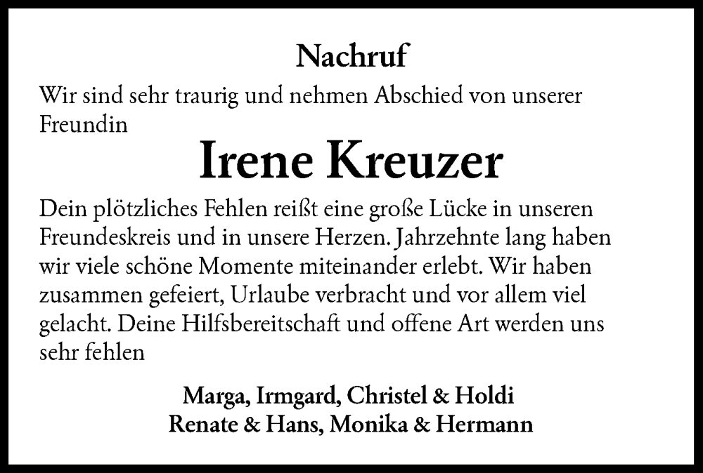  Traueranzeige für Irene Kreuzer vom 25.11.2025 aus Hohenloher Tagblatt