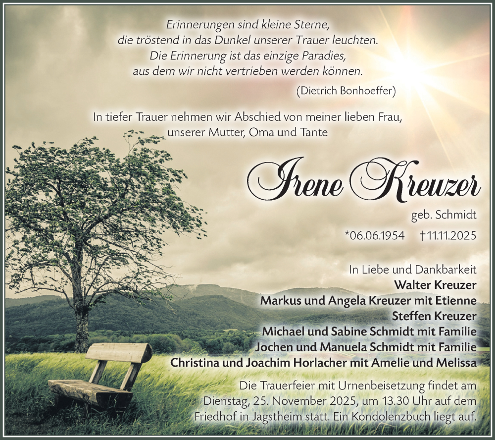  Traueranzeige für Irene Kreuzer vom 22.11.2025 aus Hohenloher Tagblatt