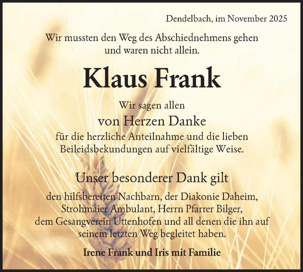 Traueranzeige für Klaus Frank vom 05.11.2025 aus Haller Tagblatt