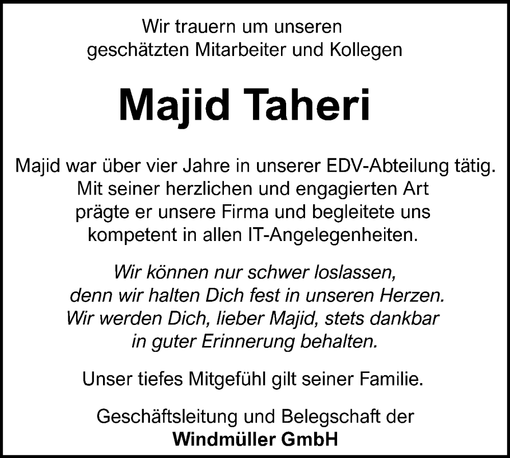  Traueranzeige für Majid Taheri vom 13.11.2025 aus Haller Tagblatt