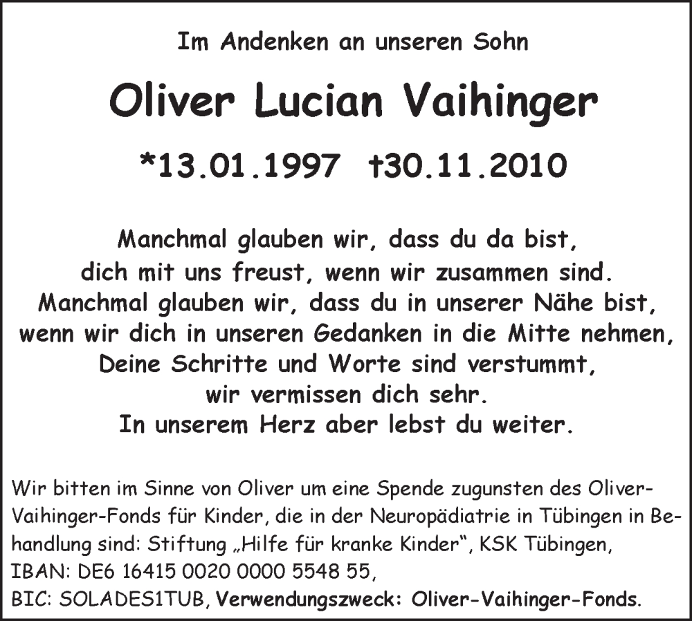  Traueranzeige für Oliver Lucian Vaihinger vom 29.11.2025 aus Schwäbische Tagblatt