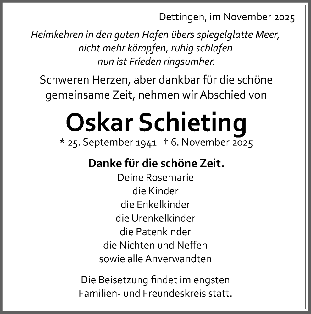  Traueranzeige für Oskar Schieting vom 18.11.2025 aus Schwäbische Tagblatt