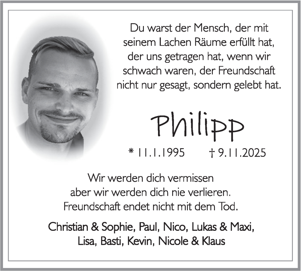  Traueranzeige für Philipp Süpple vom 14.11.2025 aus Rundschau Gaildorf/Haller Tagblatt