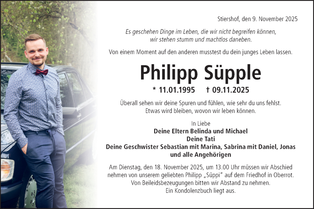  Traueranzeige für Philipp Süpple vom 14.11.2025 aus Rundschau Gaildorf