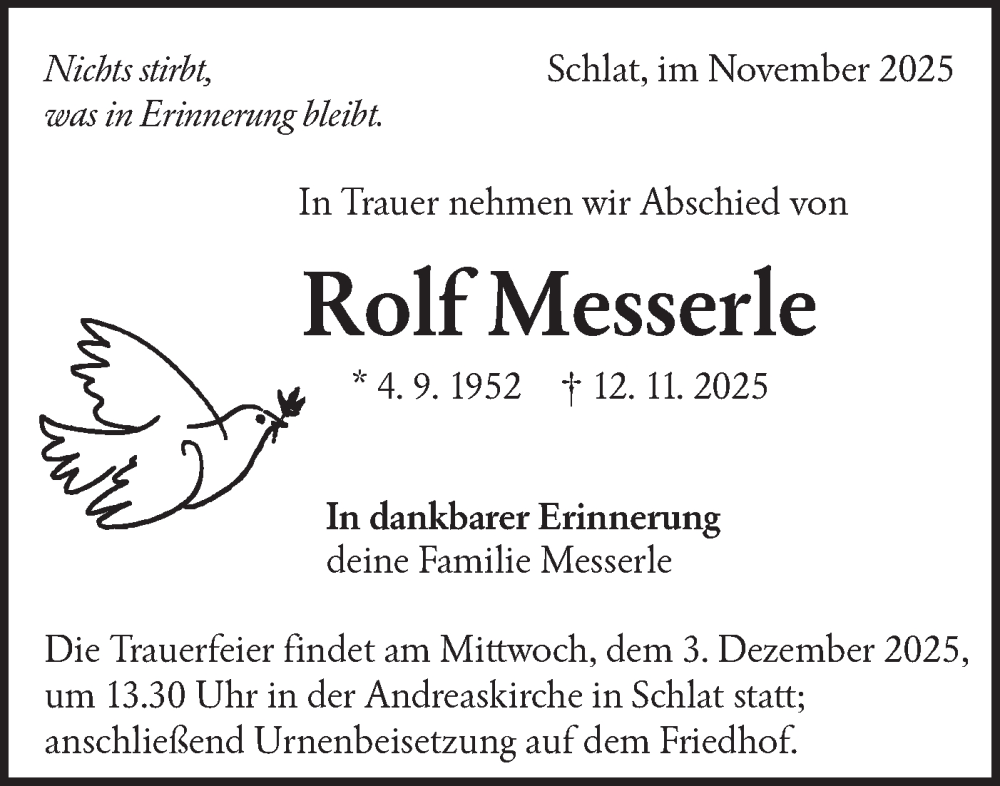  Traueranzeige für Rolf Messerle vom 27.11.2025 aus NWZ Neue Württembergische Zeitung
