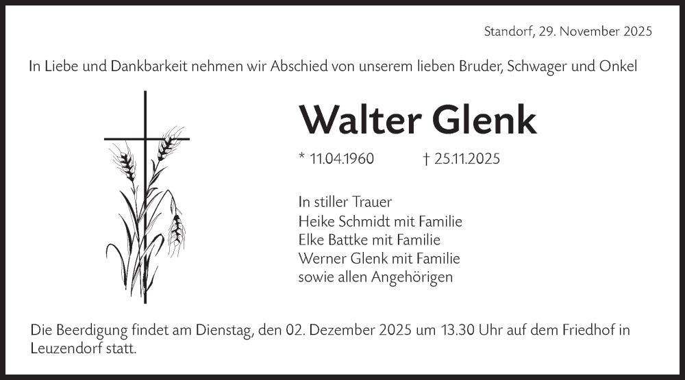  Traueranzeige für Walter Glenk vom 29.11.2025 aus Hohenloher Tagblatt