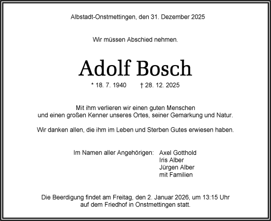 Traueranzeige von Adolf Bosch von SÜDWEST PRESSE Zollernalbkreis/Hohenzollerische Zeitung
