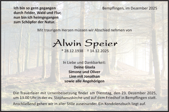 Traueranzeige von Alwin Speier von Alb-Bote/Metzinger-Uracher Volksblatt