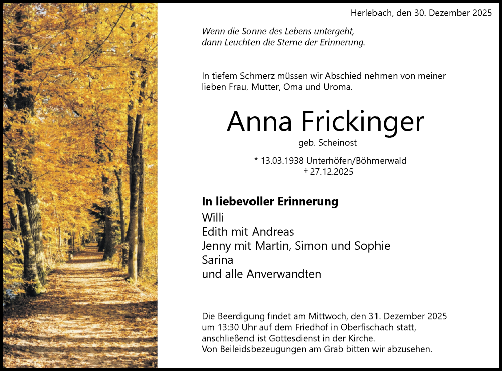  Traueranzeige für Anna Frickinger vom 30.12.2025 aus Haller Tagblatt