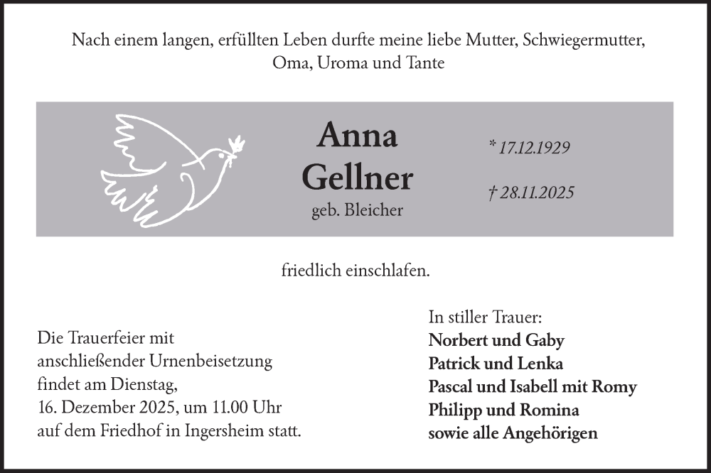  Traueranzeige für Anna Gellner vom 11.12.2025 aus Hohenloher Tagblatt