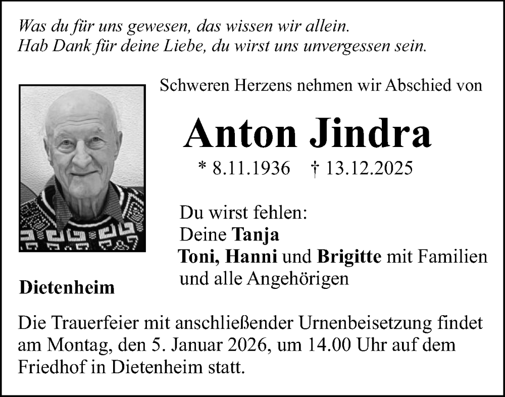  Traueranzeige für Anton Jindra vom 31.12.2025 aus SÜDWEST PRESSE Ausgabe Ulm/Neu-Ulm