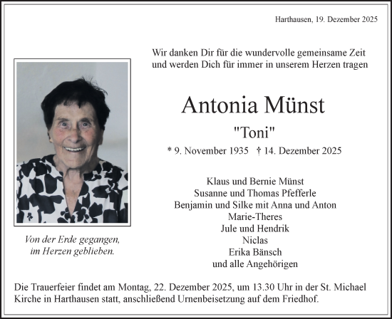 Traueranzeige von Antonia Münst von SÜDWEST PRESSE Zollernalbkreis/Hohenzollerische Zeitung