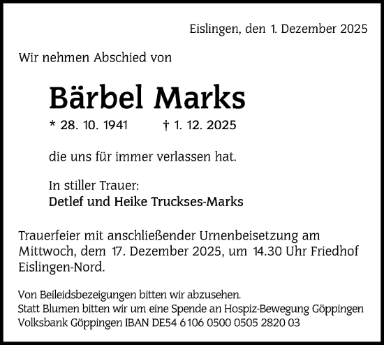Traueranzeige von Bärbel Marks von NWZ Neue Württembergische Zeitung