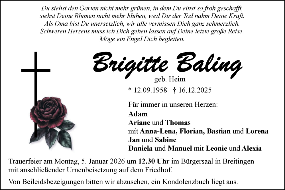  Traueranzeige für Brigitte Baling vom 30.12.2025 aus SÜDWEST PRESSE Ausgabe Ulm/Neu-Ulm
