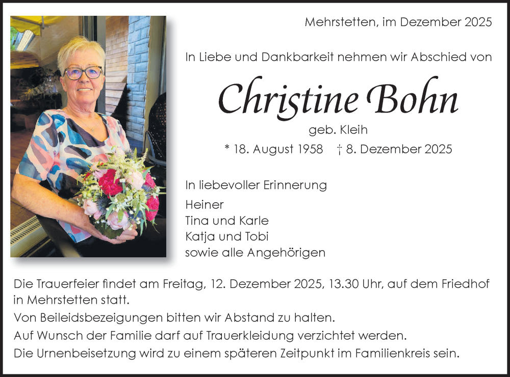  Traueranzeige für Christine Bohn vom 10.12.2025 aus Alb-Bote/Metzinger-Uracher Volksblatt