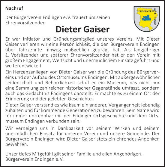Traueranzeige von Dieter Gaiser von SÜDWEST PRESSE Zollernalbkreis/Hohenzollerische Zeitung