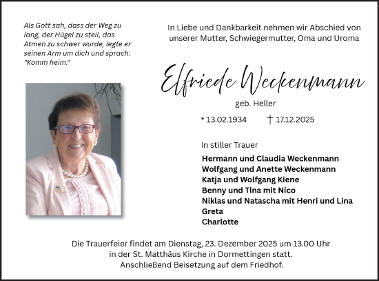 Traueranzeige von Elfriede Weckenmann von SÜDWEST PRESSE Zollernalbkreis/Hohenzollerische Zeitung