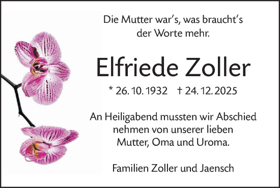 Traueranzeige von Elfriede Zoller von SÜDWEST PRESSE Zollernalbkreis/Hohenzollerische Zeitung