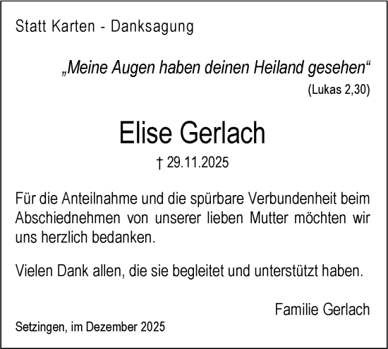 Traueranzeige von Elise Gerlach von SÜDWEST PRESSE Ausgabe Ulm/Neu-Ulm