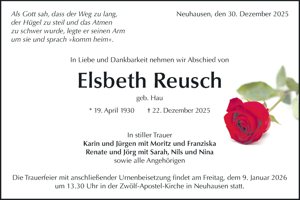  Traueranzeige für Elsbeth Reusch vom 30.12.2025 aus Alb-Bote/Metzinger-Uracher Volksblatt