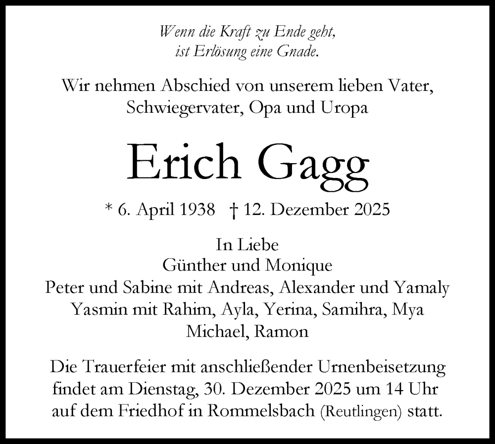  Traueranzeige für Erich Gagg vom 27.12.2025 aus Schwäbische Tagblatt