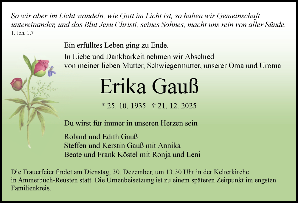  Traueranzeige für Erika Gauß vom 27.12.2025 aus Schwäbische Tagblatt