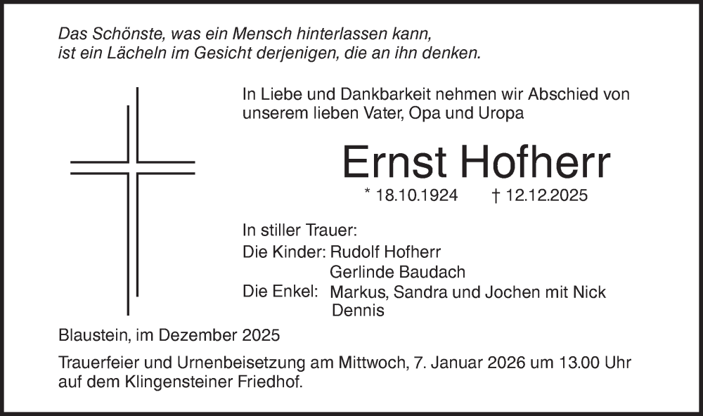  Traueranzeige für Ernst Hofherr vom 27.12.2025 aus SÜDWEST PRESSE Ausgabe Ulm/Neu-Ulm