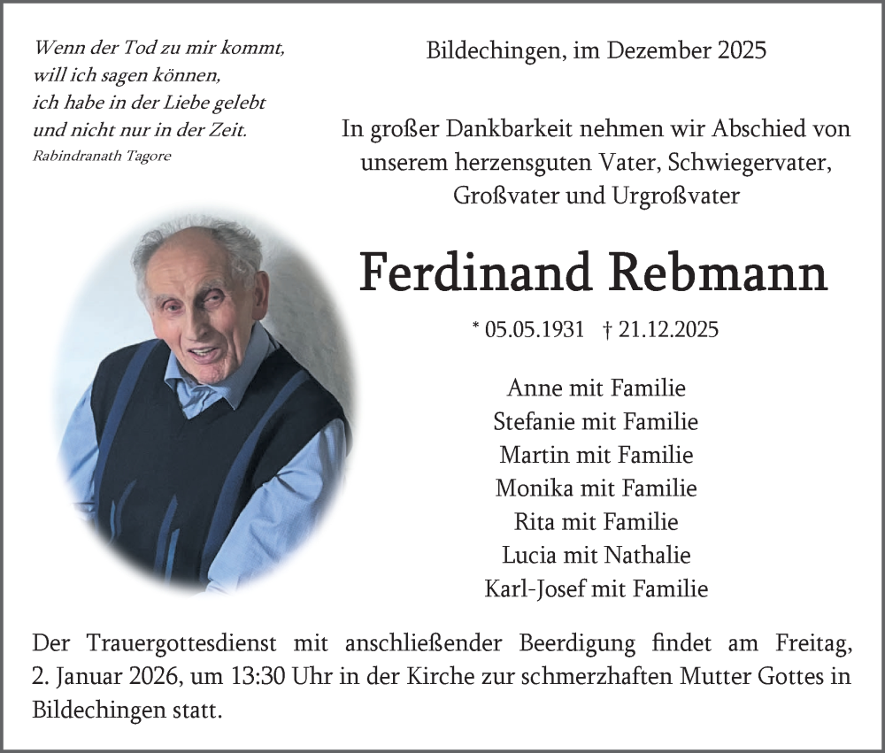  Traueranzeige für Ferdinand Rebmann vom 27.12.2025 aus Neckar-Chronik
