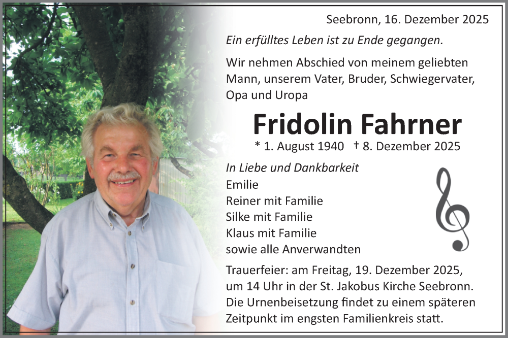  Traueranzeige für Fridolin Fahrner vom 16.12.2025 aus Schwäbische Tagblatt